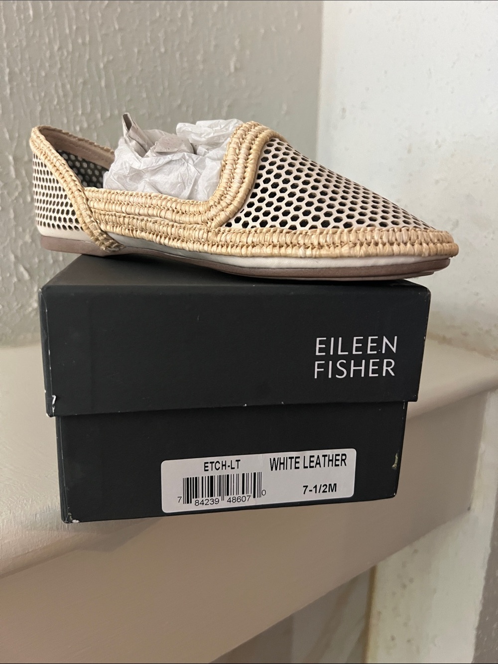 Eileen Fisher White Leather Woven Slip-On Flat with Natural Trim